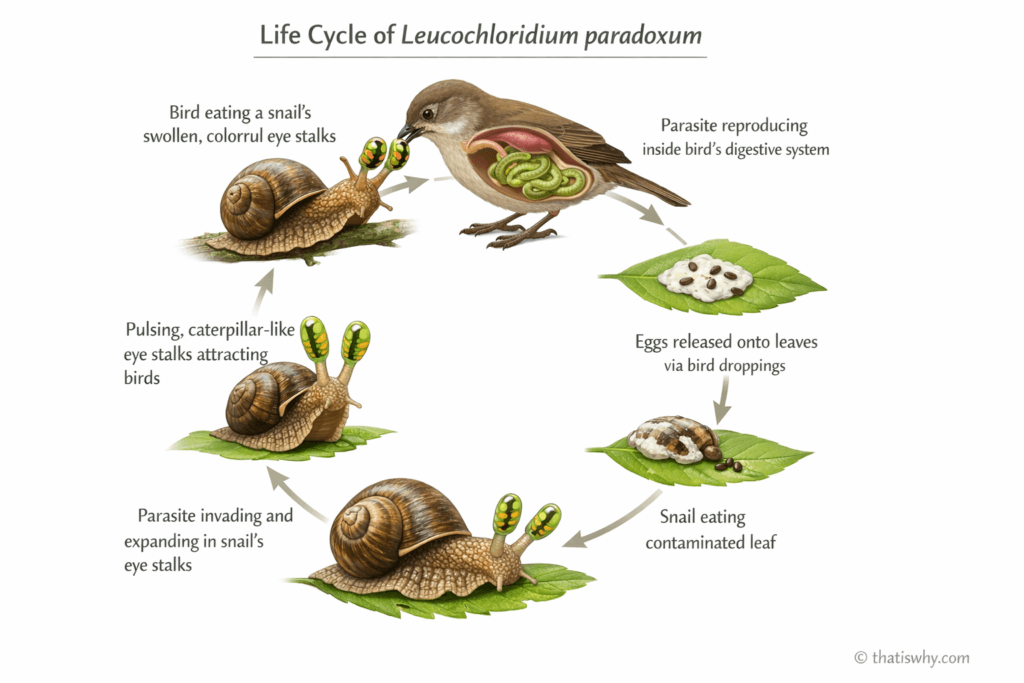 Diagram showing how a parasite causes zombie snails to develop pulsing eye stalks to infect birds