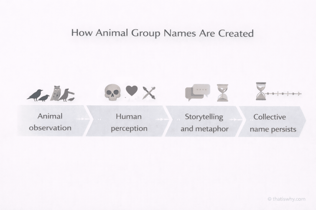 Diagram showing how animal group names form through human perception, symbolism, and storytelling over time