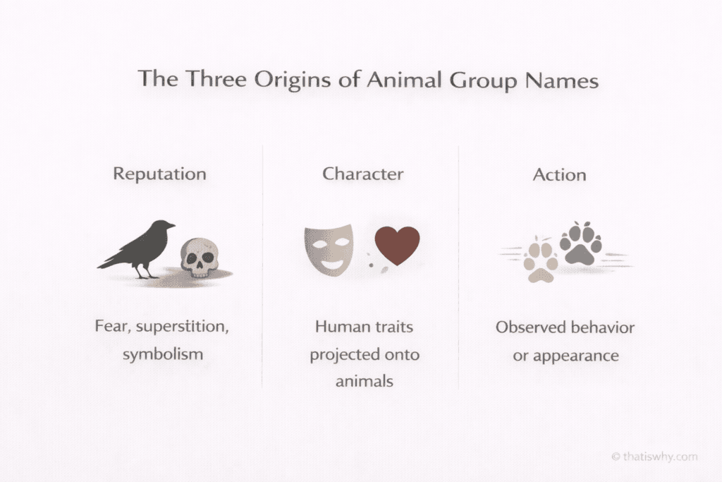 Diagram categorizing animal group names by reputation, character, and observed behavior