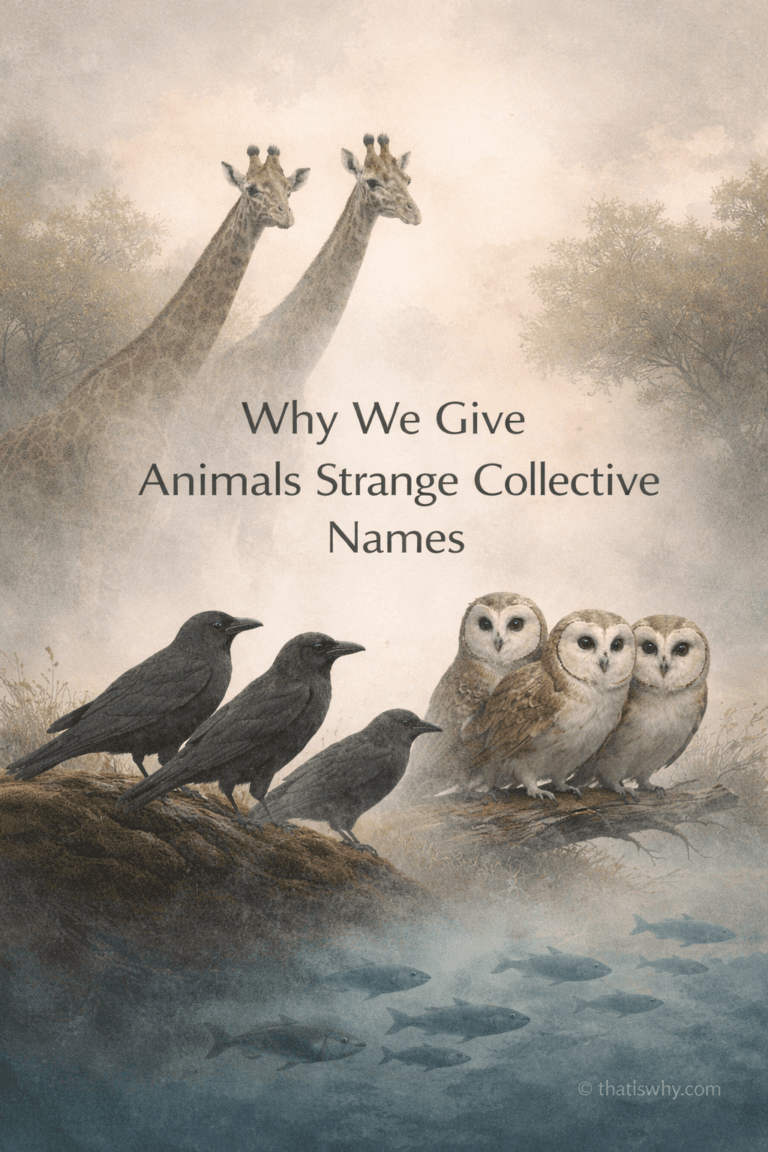 Illustration representing animal groups and the human stories behind their collective names