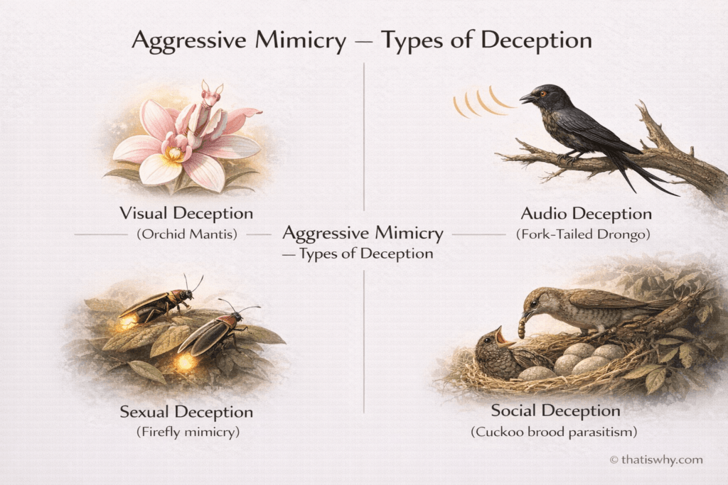 Diagram categorizing aggressive mimicry strategies such as visual, audio, sexual, and social deception in animals