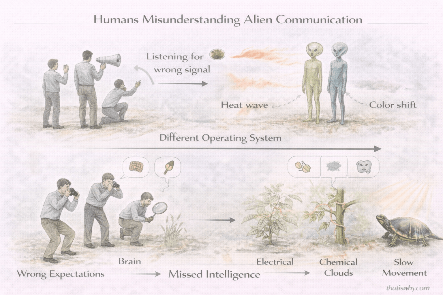 Analogy diagram comparing alien communication to how humans misunderstand plant intelligence
