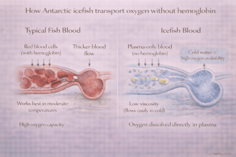 Diagram comparing normal fish blood with red blood cells to Antarctic icefish blood that lacks hemoglobin