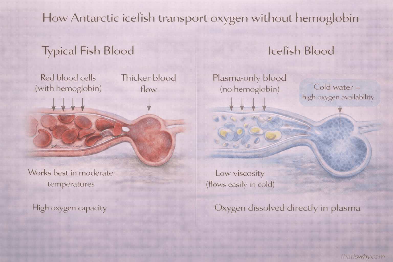 Diagram comparing normal fish blood with red blood cells to Antarctic icefish blood that lacks hemoglobin