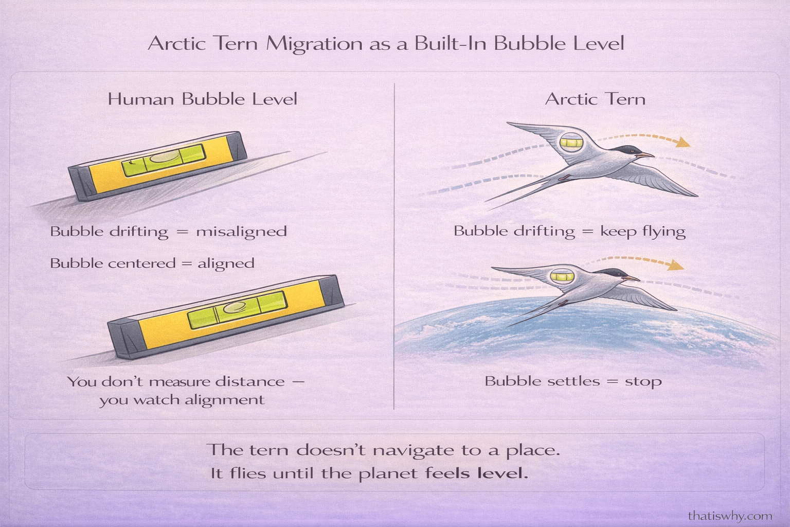 Analogy diagram comparing Arctic tern migration to using a bubble level to sense alignment