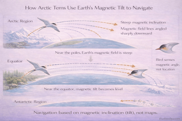 Scientific diagram showing how Arctic terns sense Earth’s magnetic field angle to migrate pole to pole
