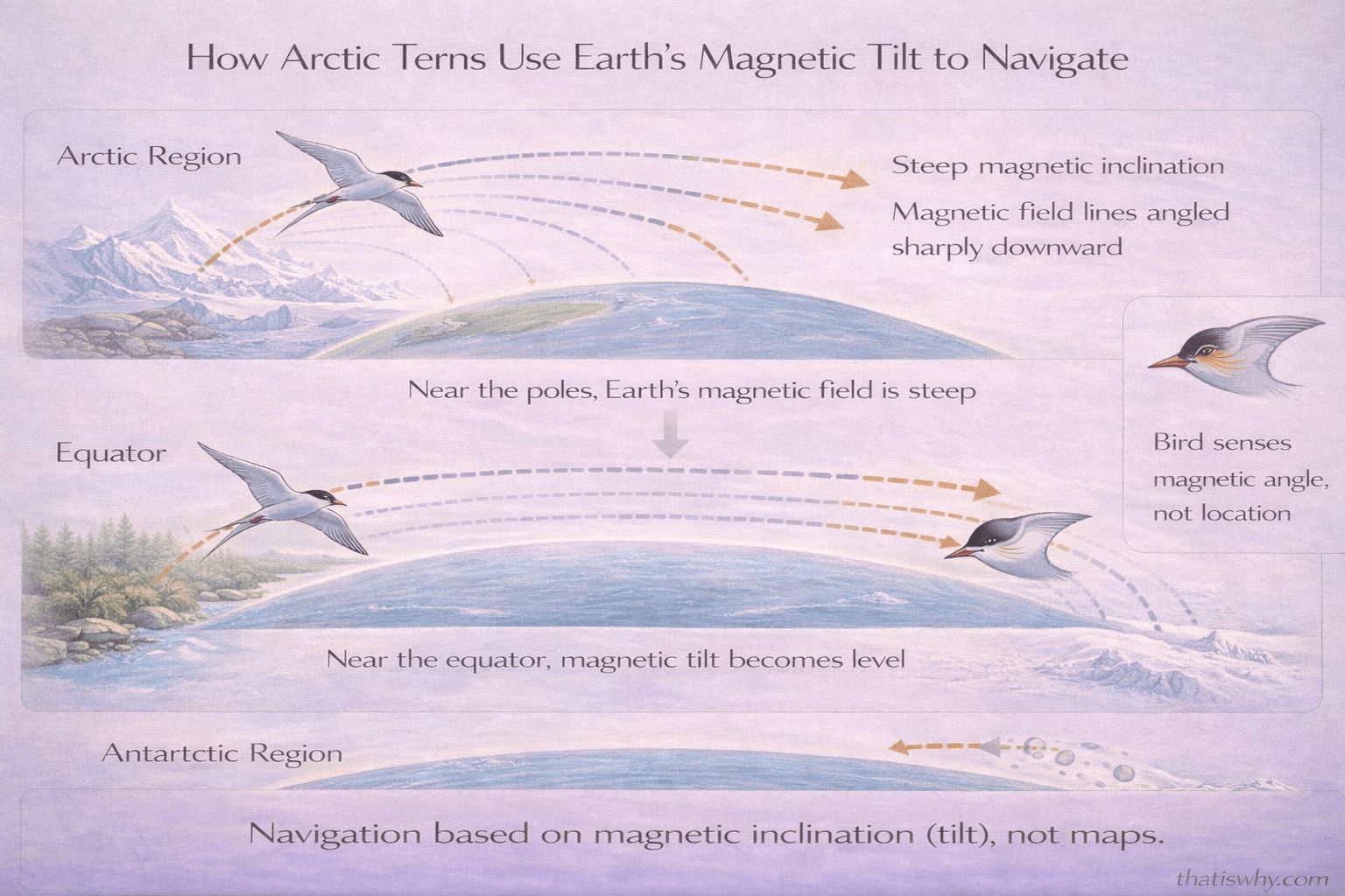 Scientific diagram showing how Arctic terns sense Earth’s magnetic field angle to migrate pole to pole