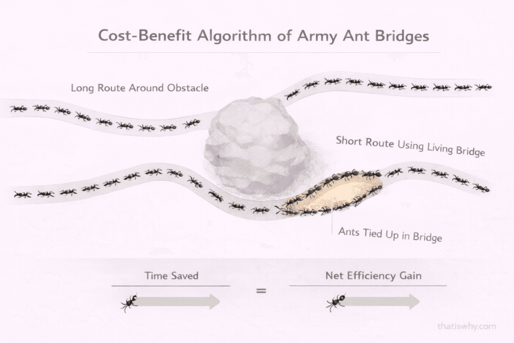 Diagram showing how army ants optimize bridge length based on efficiency