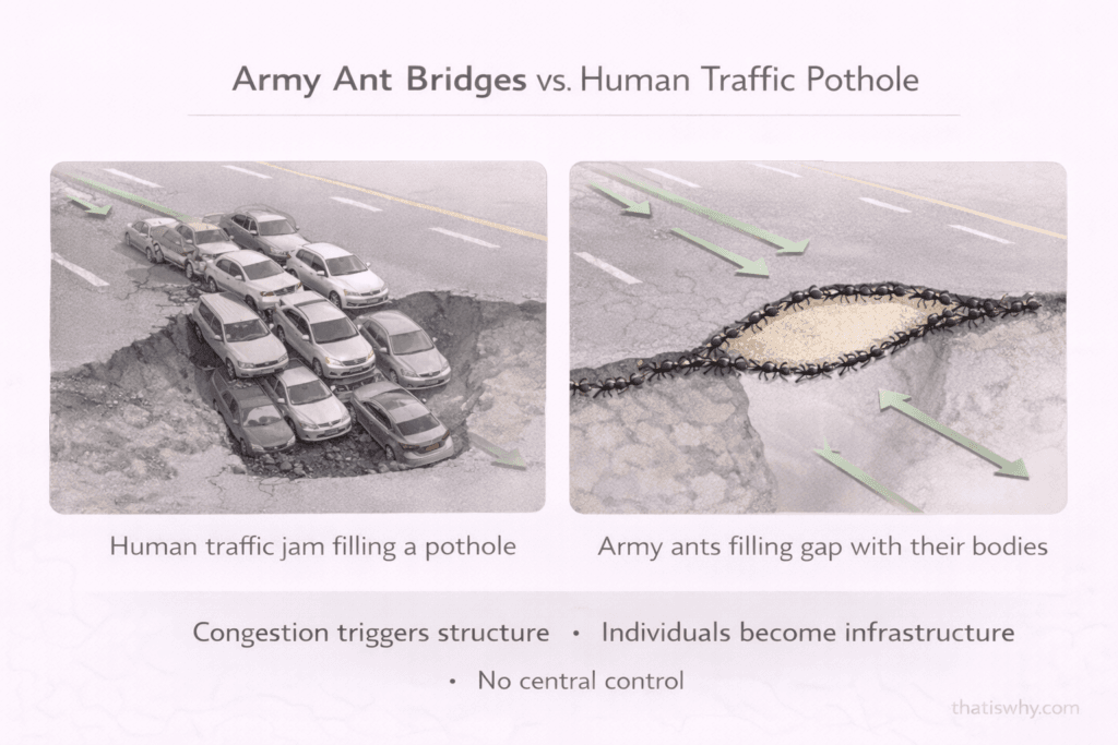Diagram comparing army ant bridges to traffic filling a pothole