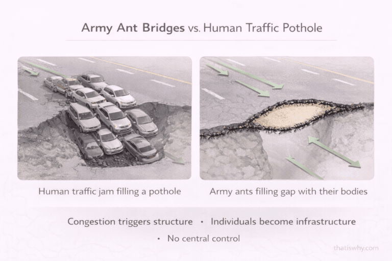 Diagram comparing army ant bridges to traffic filling a pothole