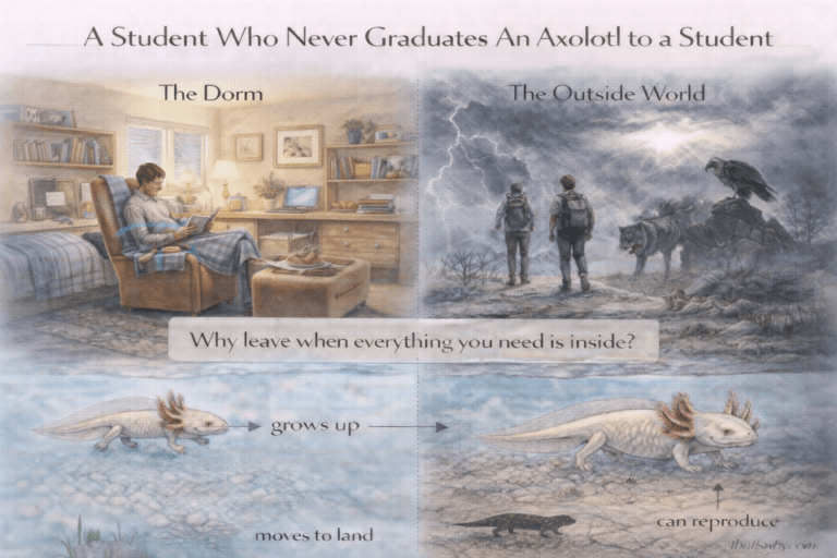 Analogy diagram comparing an axolotl staying in water to a student who never leaves a dorm