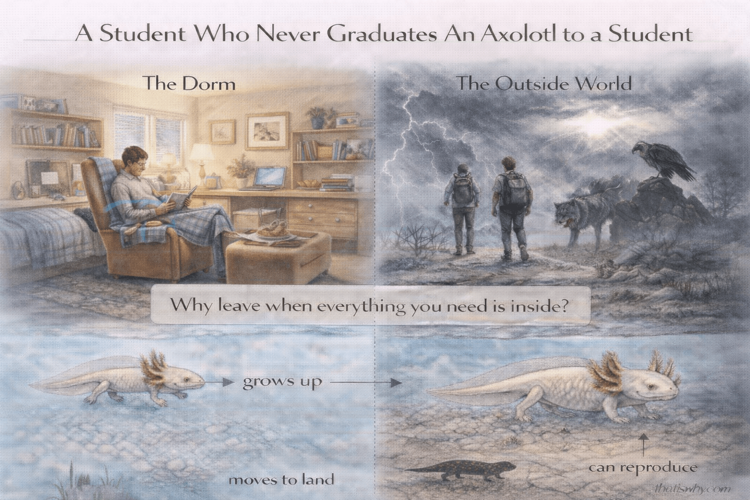 Analogy diagram comparing an axolotl staying in water to a student who never leaves a dorm