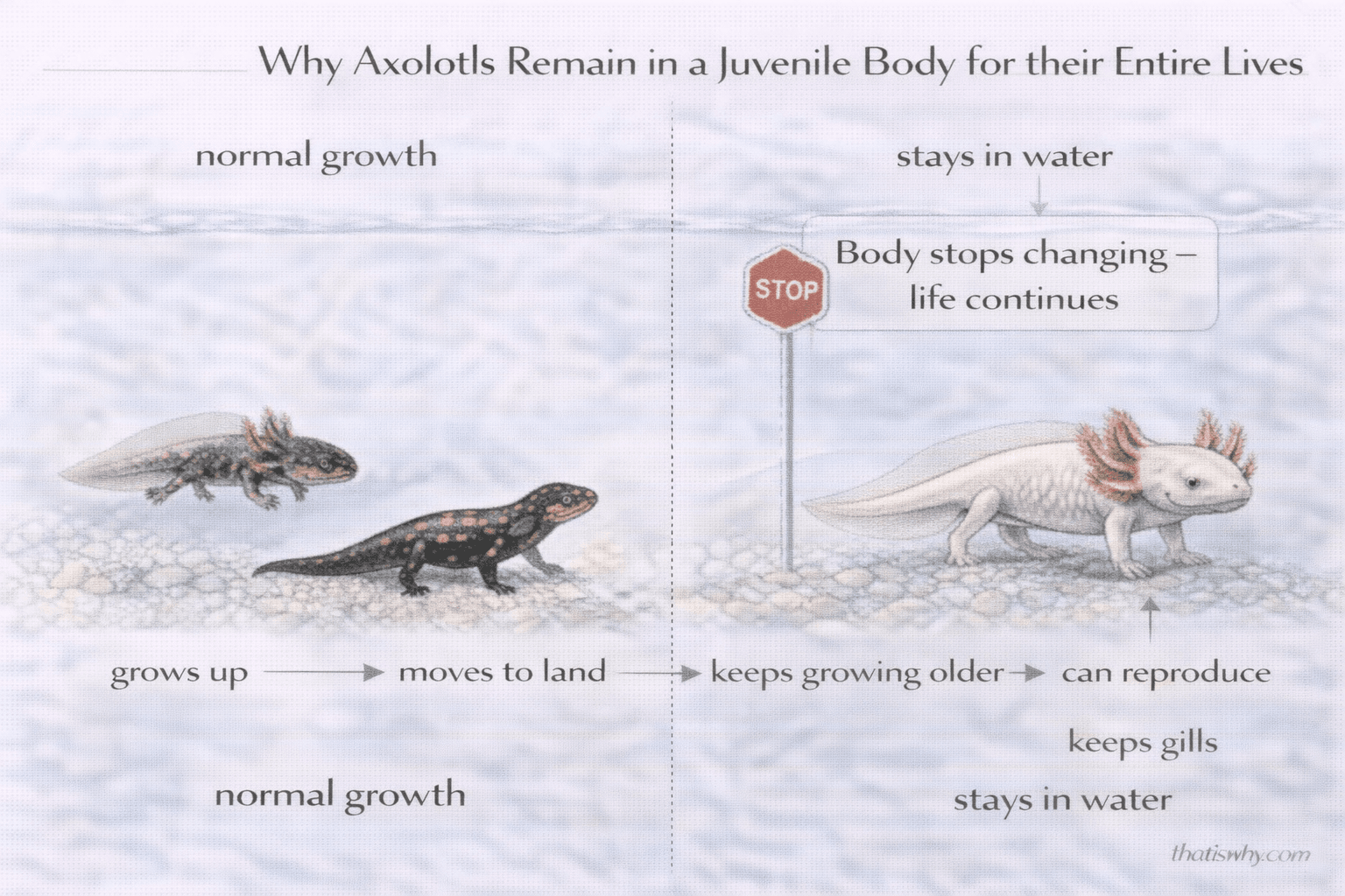 Diagram showing how axolotls grow older but never change from their juvenile body form