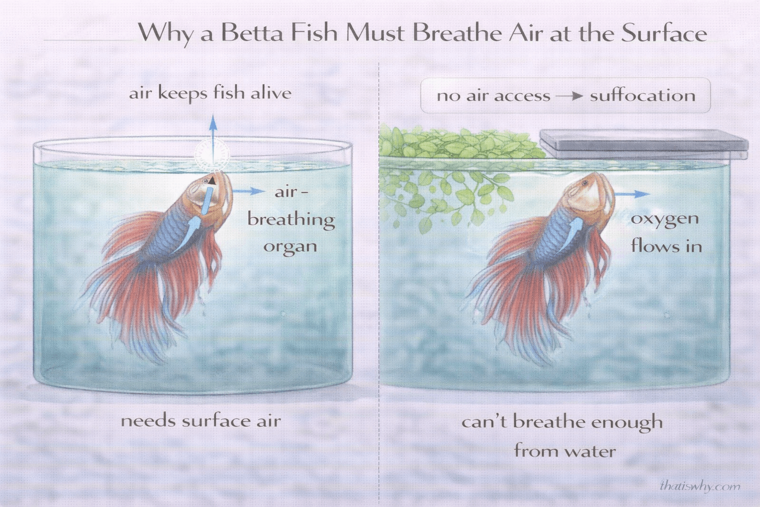 Diagram showing a betta fish swimming to the surface to breathe air in order to survive