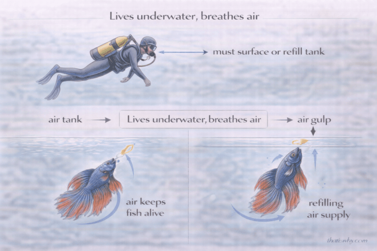 Analogy diagram comparing a betta fish breathing air to a scuba diver using an air tank