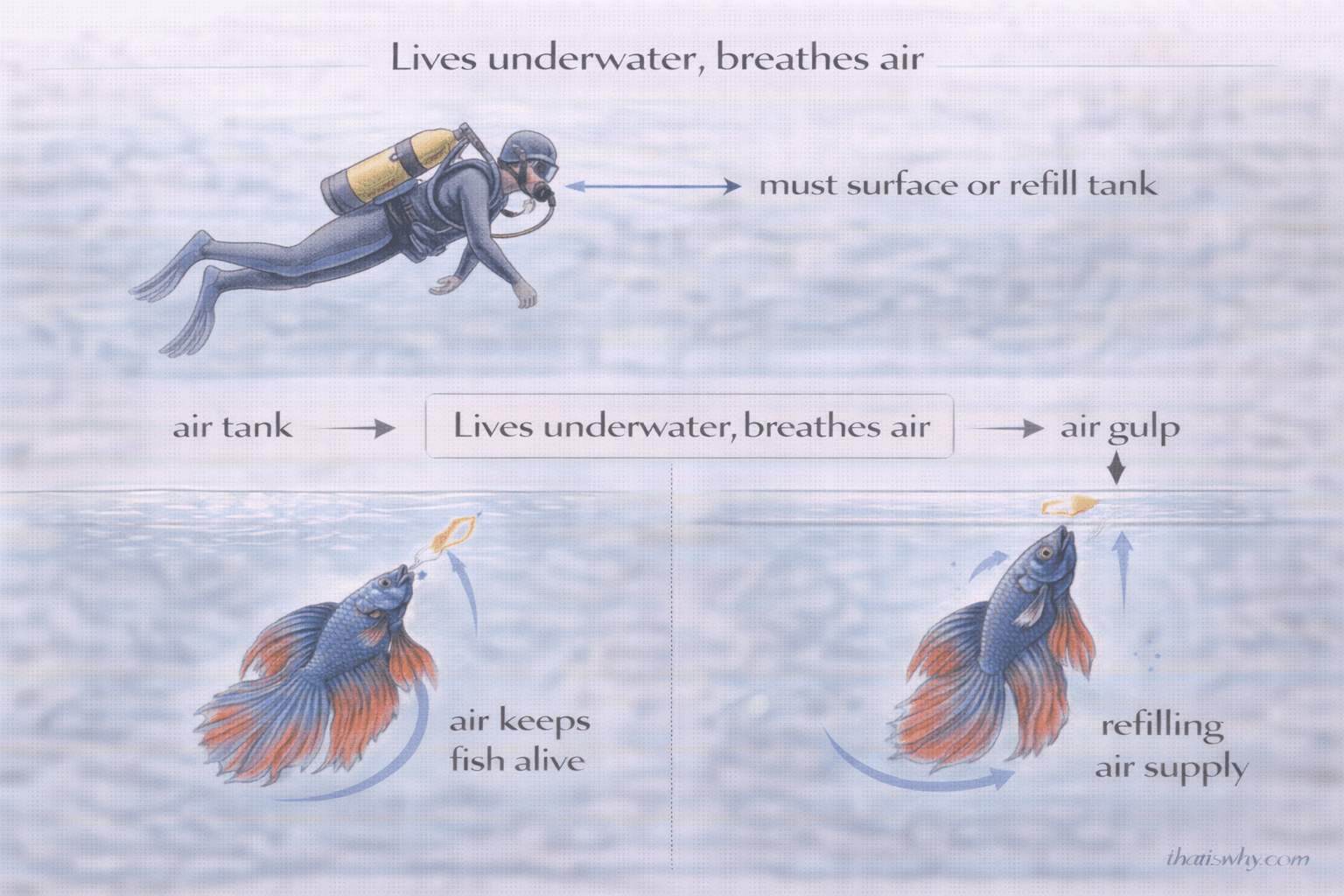 Analogy diagram comparing a betta fish breathing air to a scuba diver using an air tank
