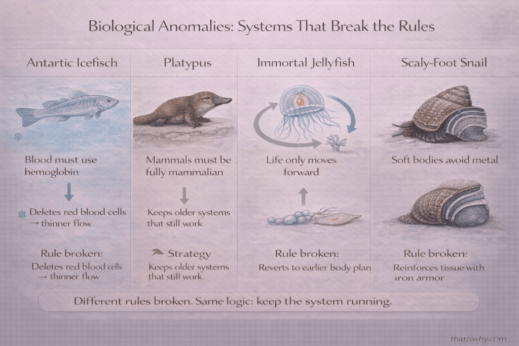 Diagram showing animals that break biological rules using different survival strategies