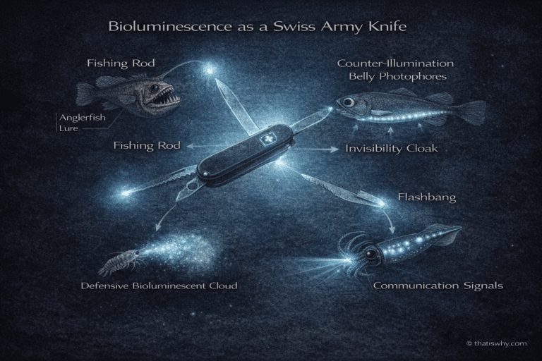 Diagram showing bioluminescence used for hunting, camouflage, defense, and communication