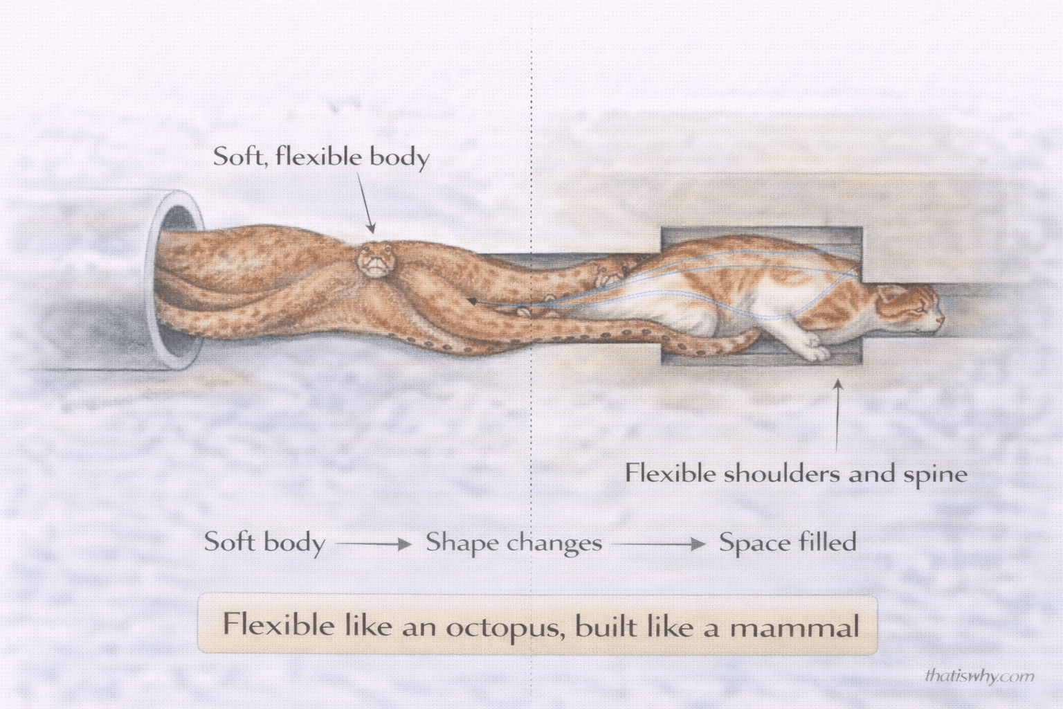 Analogy diagram comparing a cat squeezing into tight spaces with an octopus flowing through gaps