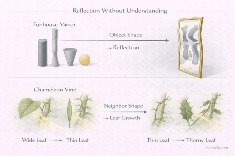 Analogy diagram comparing a funhouse mirror reflecting shapes to how the chameleon vine changes its leaf shape