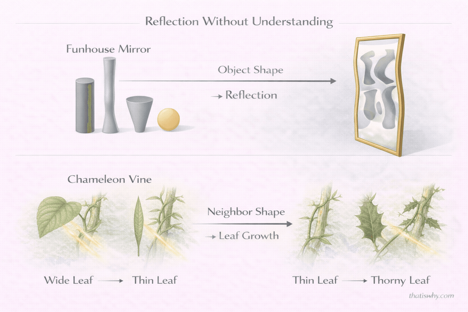 Analogy diagram comparing a funhouse mirror reflecting shapes to how the chameleon vine changes its leaf shape