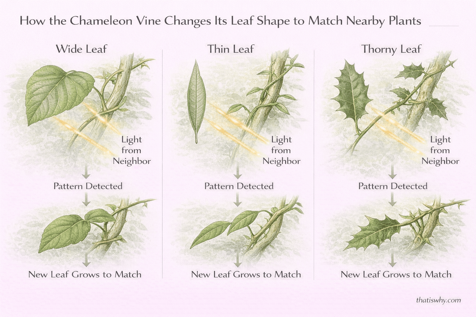 Diagram showing how the chameleon vine changes its leaf shape to match nearby plants using light patterns