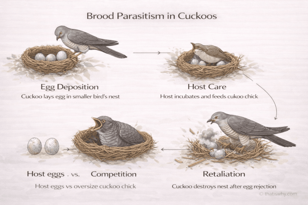 Diagram showing how cuckoos lay eggs in other birds’ nests and retaliate if the egg is rejected