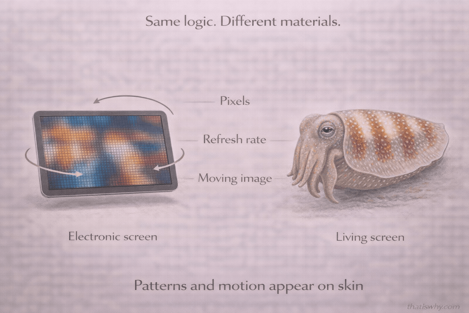 Analogy diagram comparing cuttlefish skin to a digital screen made of pixels