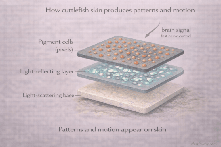 Diagram showing how layered cuttlefish skin produces color and motion like a screen