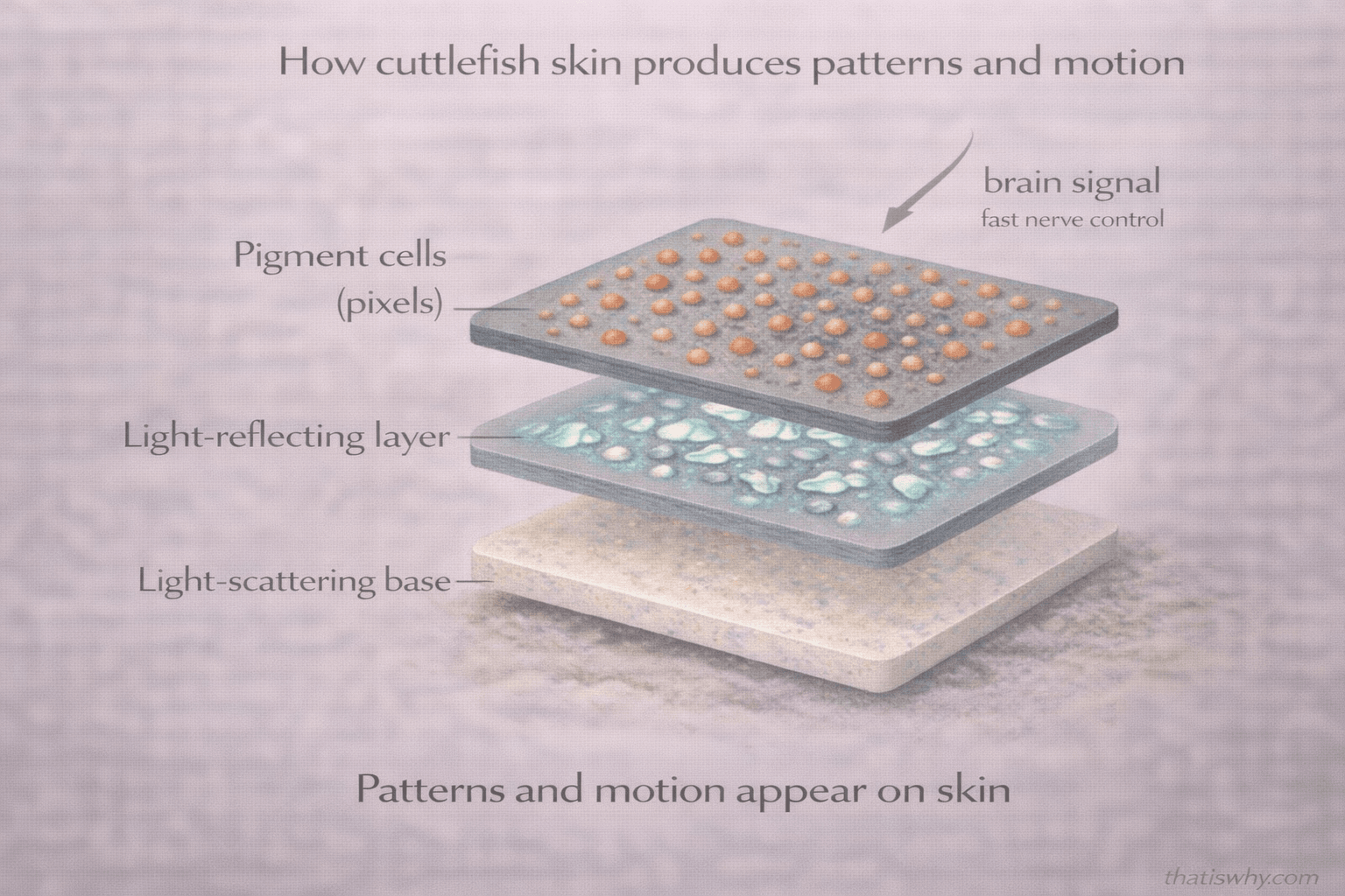 Diagram showing how layered cuttlefish skin produces color and motion like a screen