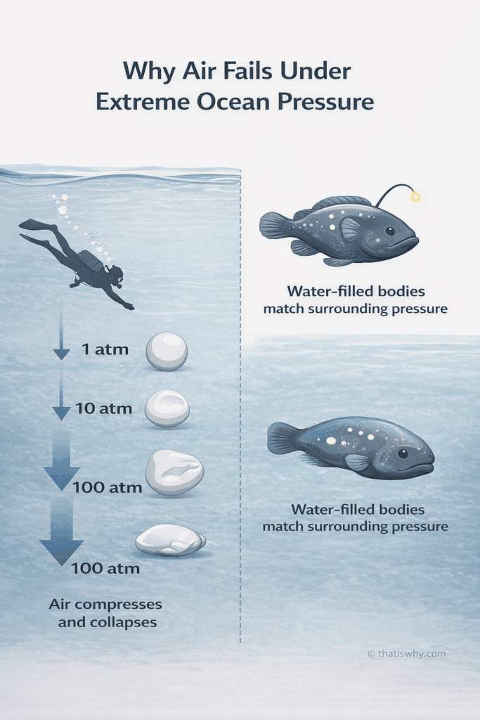 Diagram explaining how extreme ocean pressure collapses air-filled objects while water-filled deep-sea animals survive.