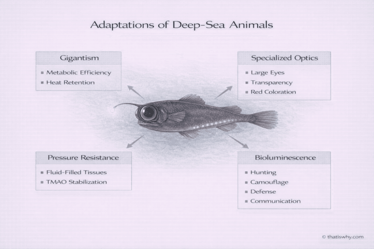 Diagram showing gigantism, optics, pressure resistance, and bioluminescence in deep-sea animals