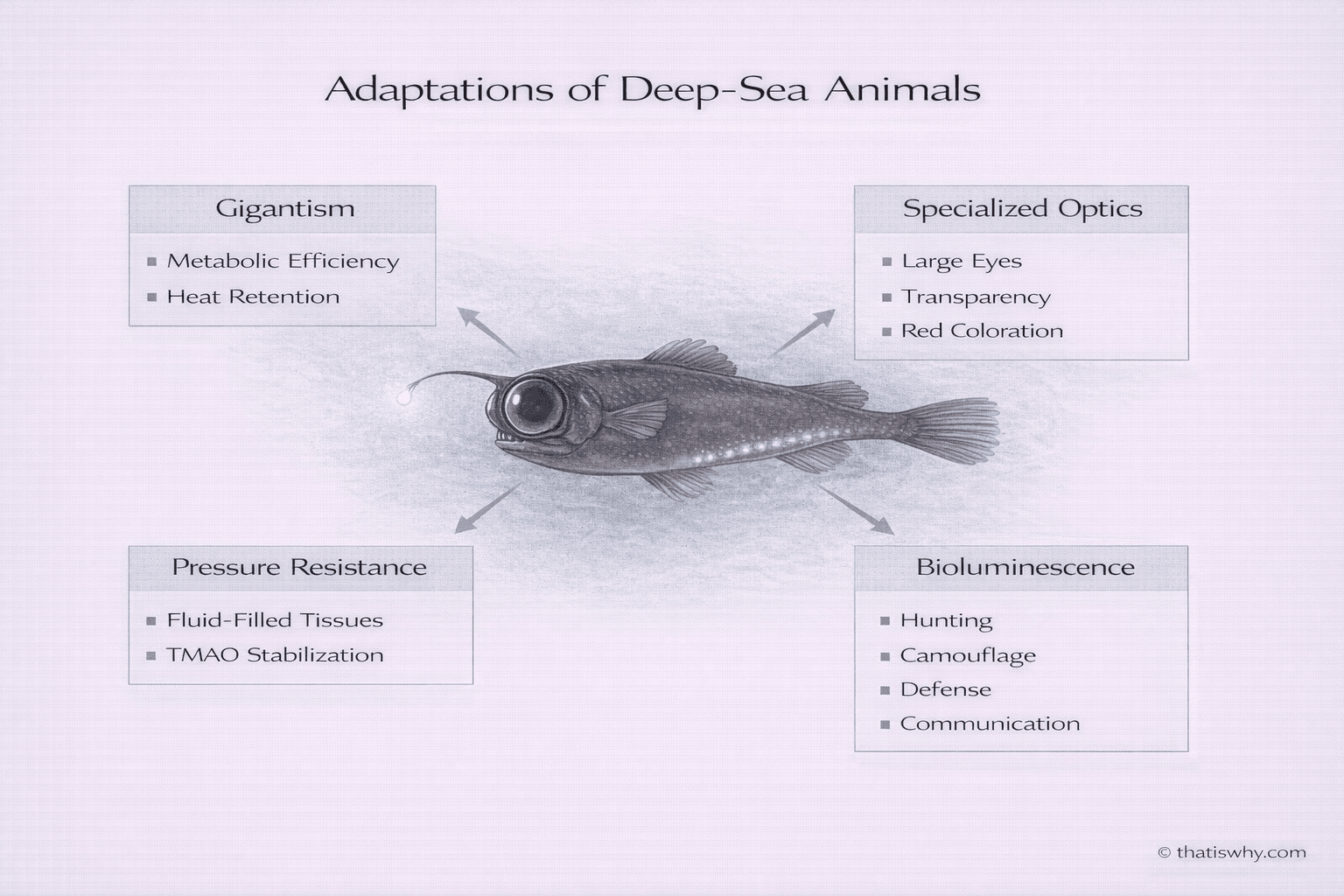 Diagram showing gigantism, optics, pressure resistance, and bioluminescence in deep-sea animals