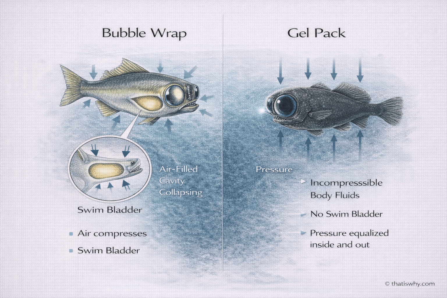 Diagram comparing air-filled fish and fluid-filled deep-sea fish under pressure