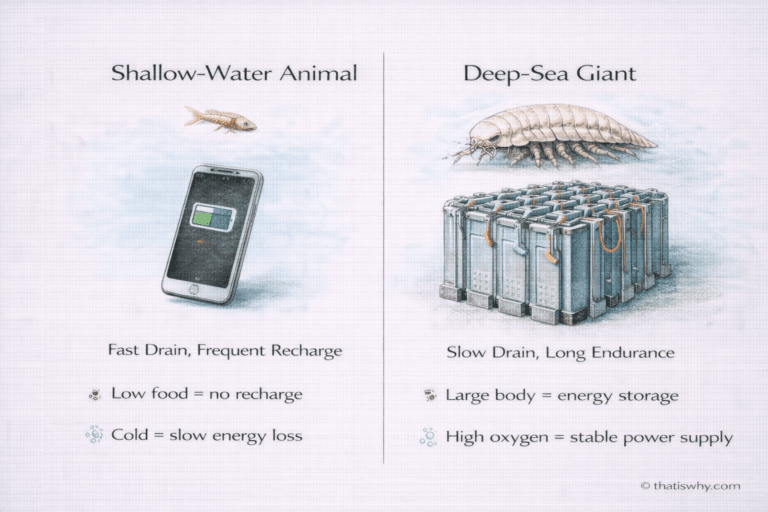 Analogy diagram comparing deep-sea giants to large batteries with slow energy use