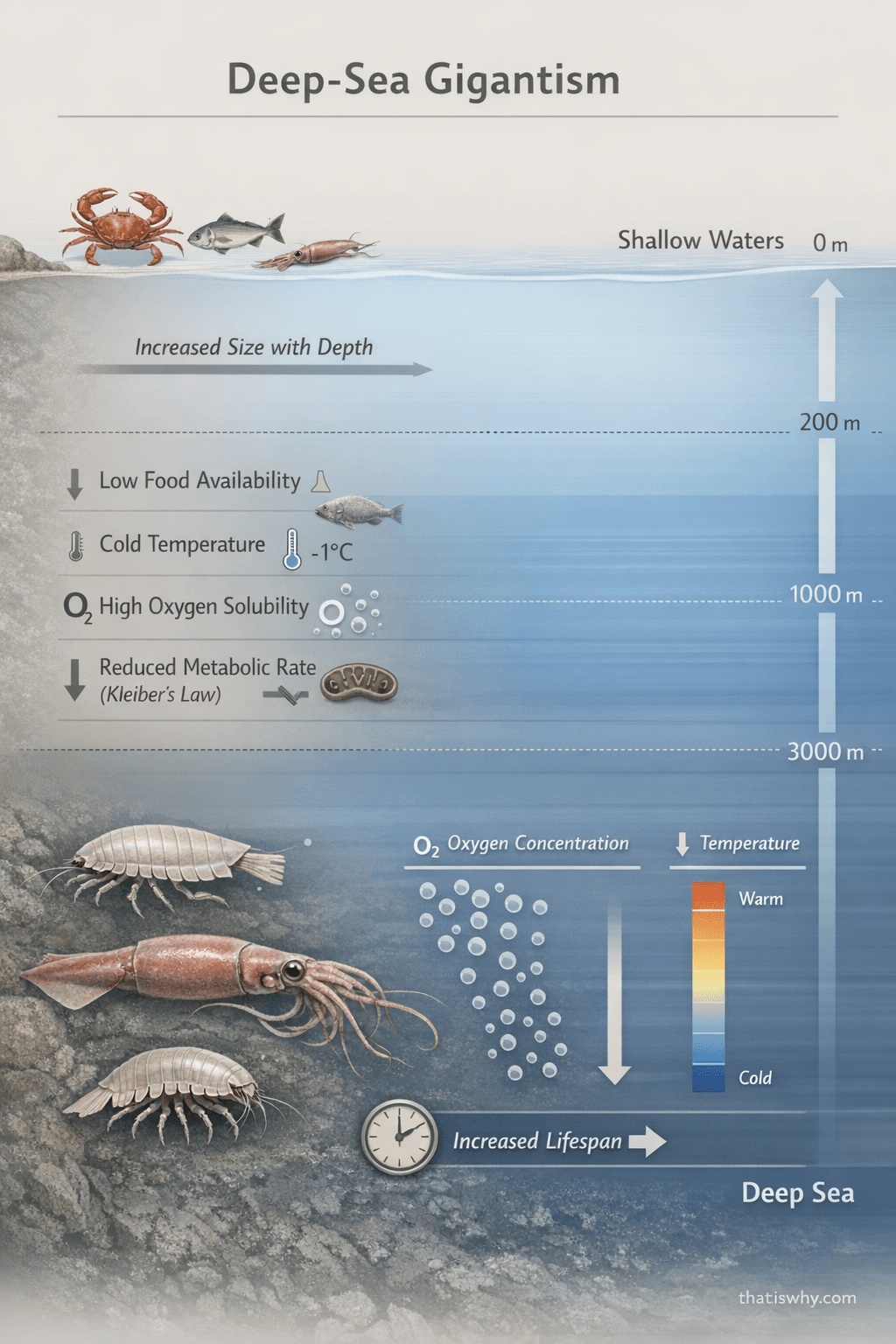 Diagram explaining why deep-sea animals grow larger due to cold, oxygen, and metabolism