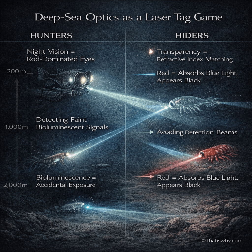 Analogy diagram comparing deep-sea invisibility to a laser tag arena
