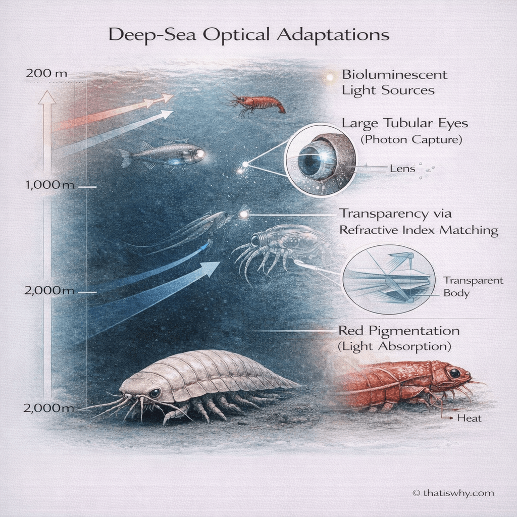 Diagram showing how deep-sea animals use light absorption and transparency