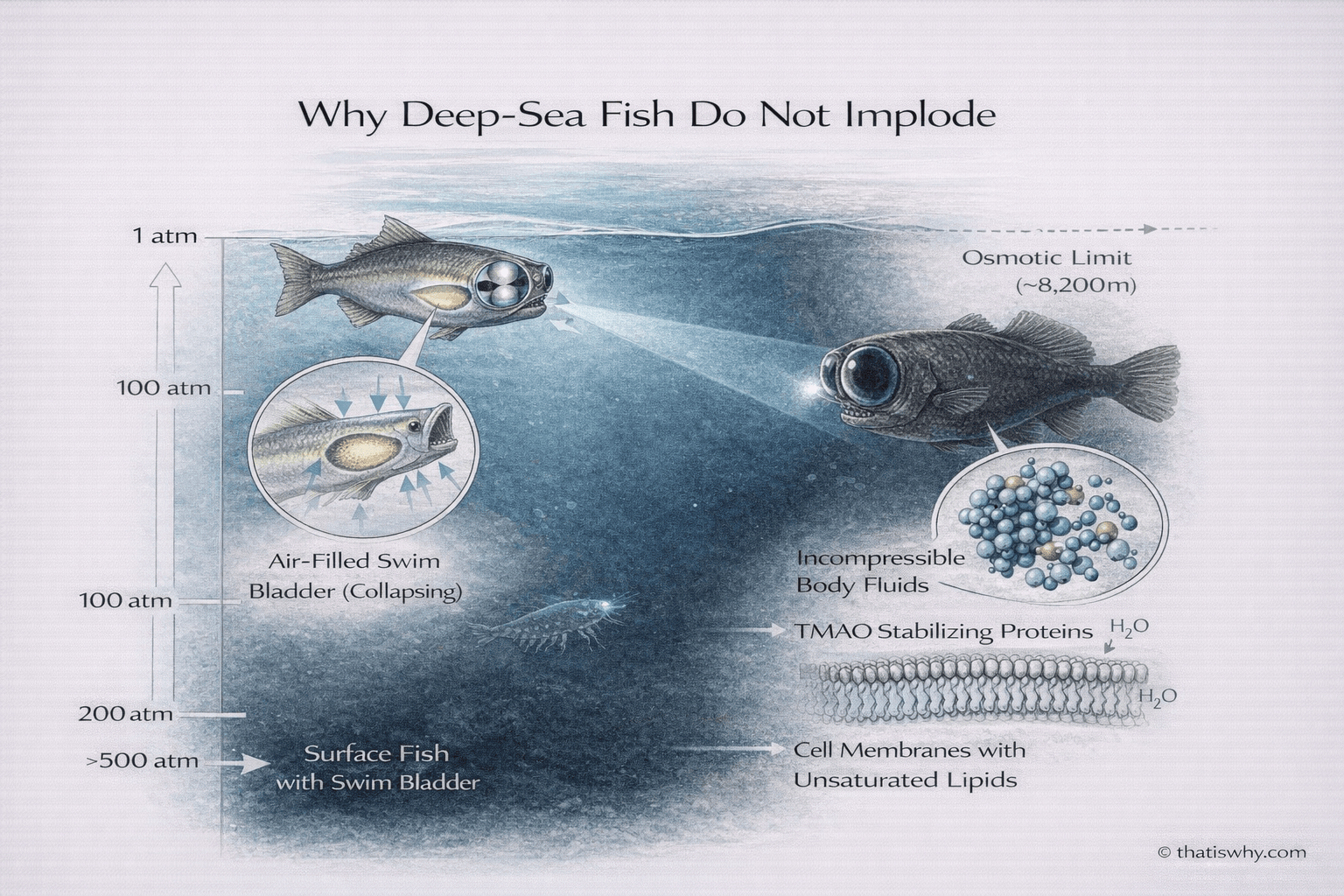 Diagram showing how deep-sea fish survive pressure without imploding