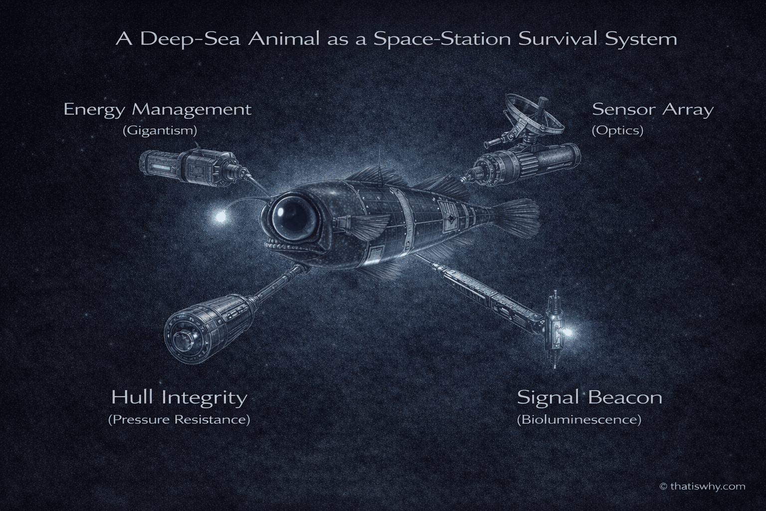 Diagram comparing deep-sea animal adaptations to a space station
