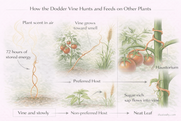 Diagram showing how the dodder vine smells nearby plants, grows toward them, and feeds by tapping into their sap