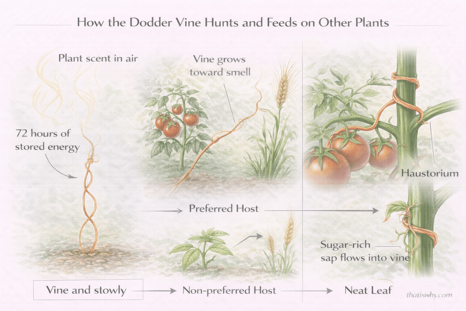 Diagram showing how the dodder vine smells nearby plants, grows toward them, and feeds by tapping into their sap