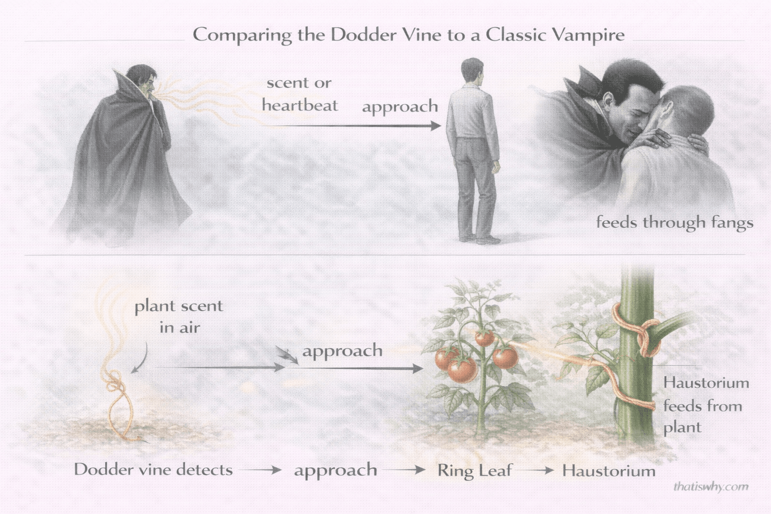 Analogy diagram comparing a vampire feeding on blood to the dodder vine feeding on plant sap