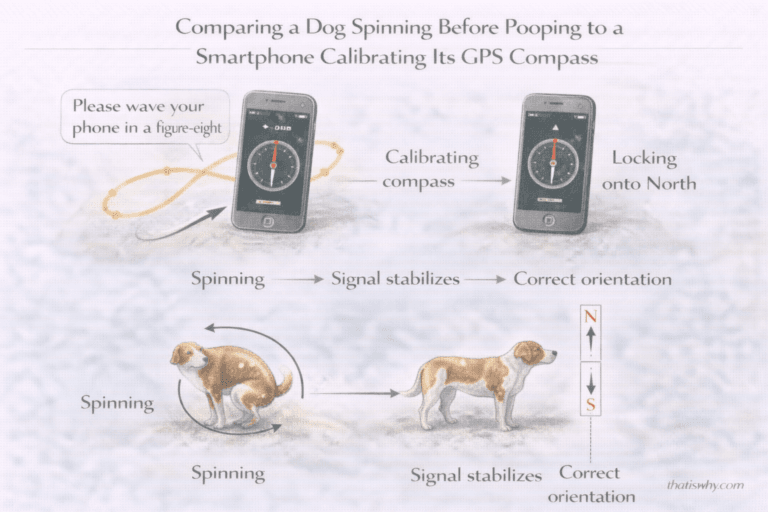 Analogy diagram comparing a dog spinning before pooping to a phone calibrating its GPS compass