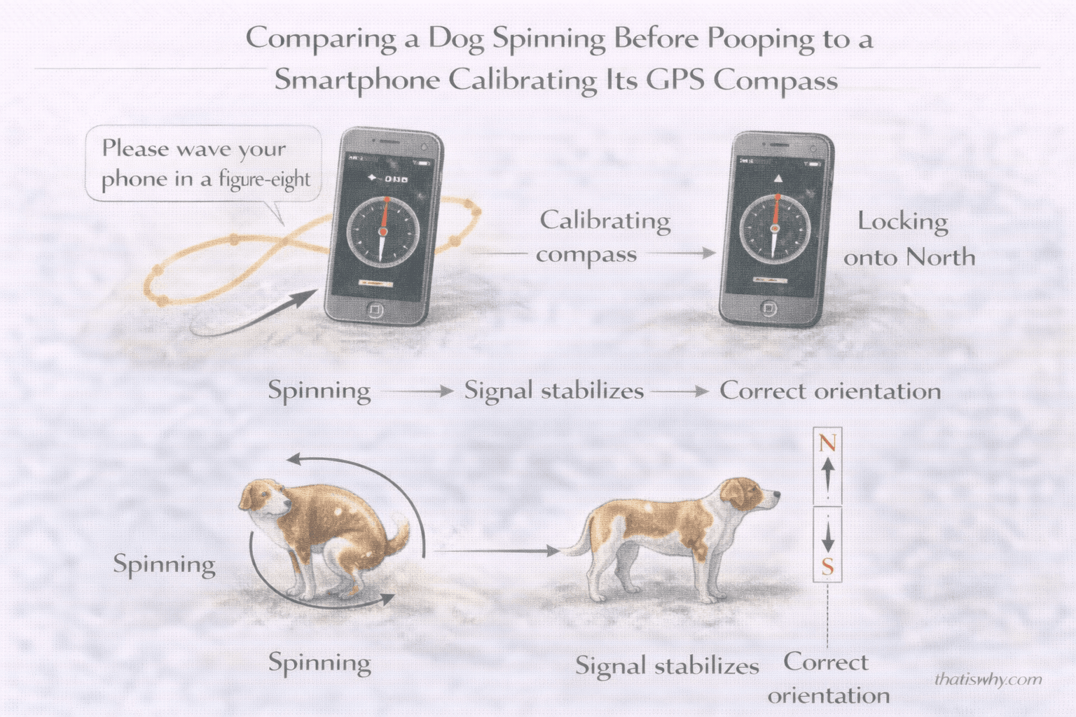 Analogy diagram comparing a dog spinning before pooping to a phone calibrating its GPS compass