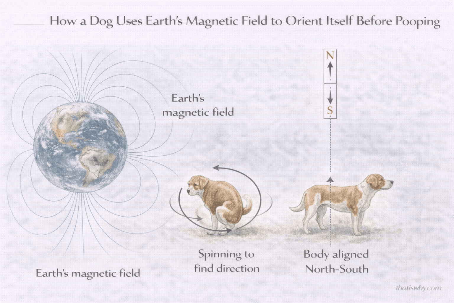 Diagram showing a dog spinning in circles to align its body with Earth’s magnetic field before pooping