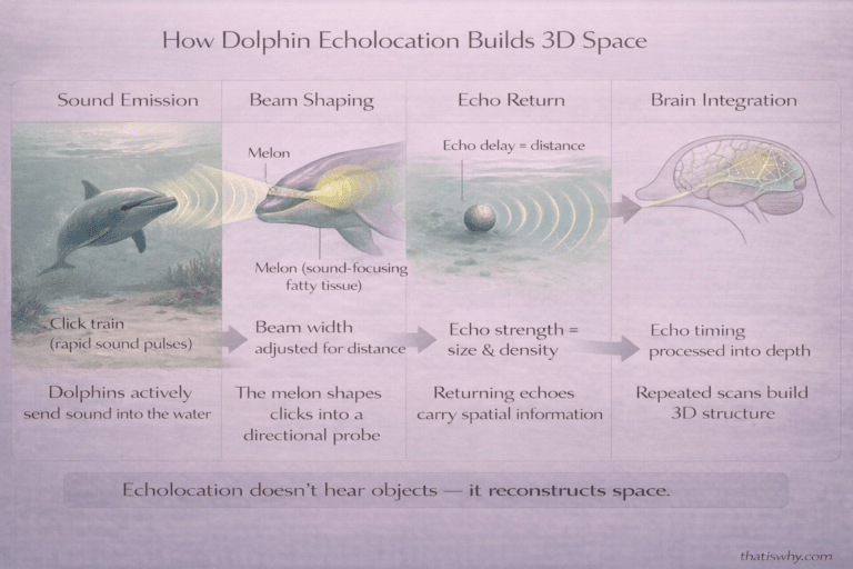 Scientific diagram showing how dolphins use echolocation clicks to map objects underwater