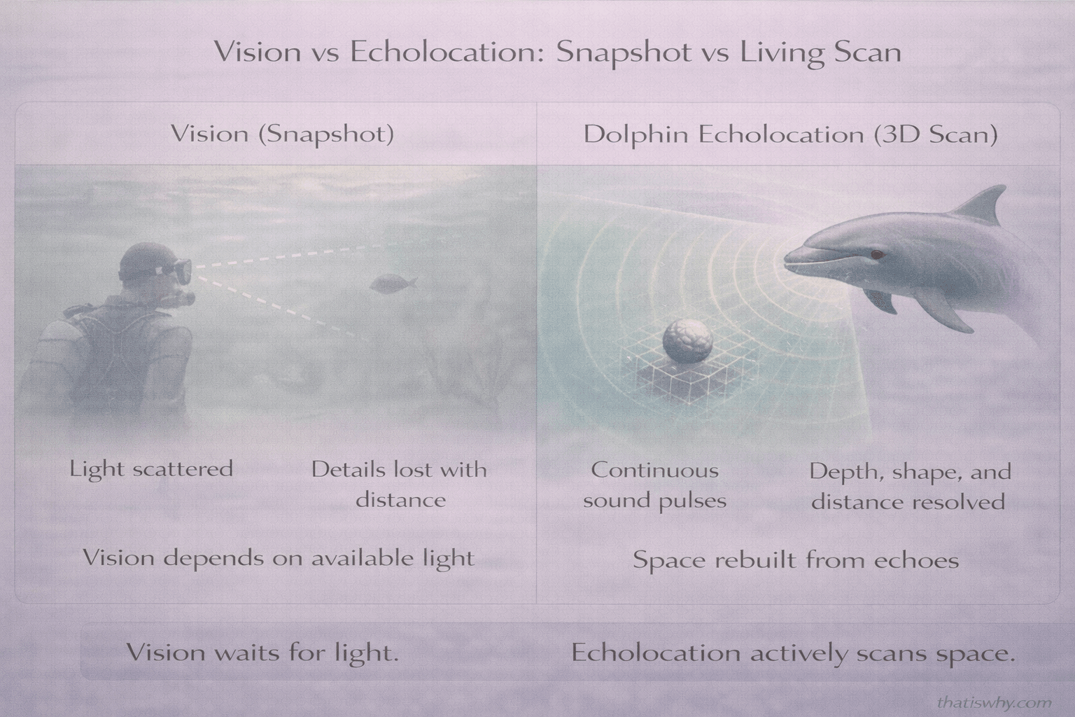 Analogy diagram comparing dolphin echolocation to a living ultrasound scan
