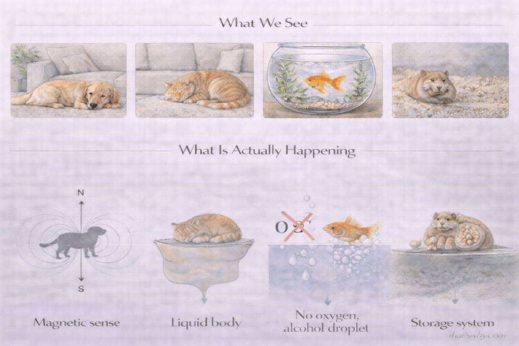 Diagram showing how common household pets retain powerful wild biological traits beneath domesticated behavior