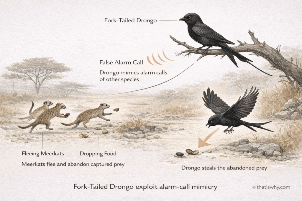 Diagram showing a fork-tailed drongo mimicking alarm calls to scare meerkats into dropping food, allowing the bird to steal it